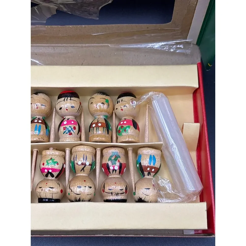 Vintage 1960s Hand Carved Kokeshi Birthday Candle Holders/Picks Set of 12 Japan